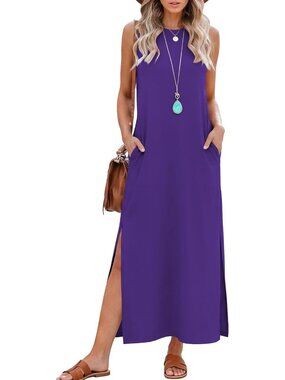 Women's Purple Summer Maxi Long Dress Sleeveless Side Slit Casual With Pockets